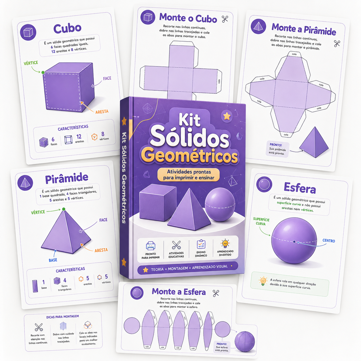 Mockup do Kit Sólidos Geométricos com cartazes e modelos para montar