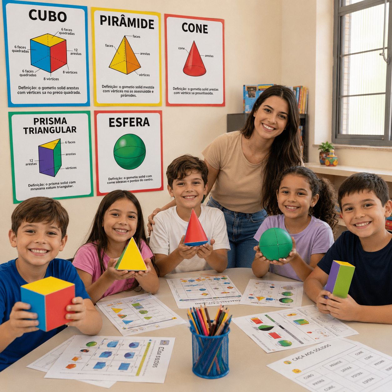 Crianças usando o kit de sólidos geométricos na sala de aula 4