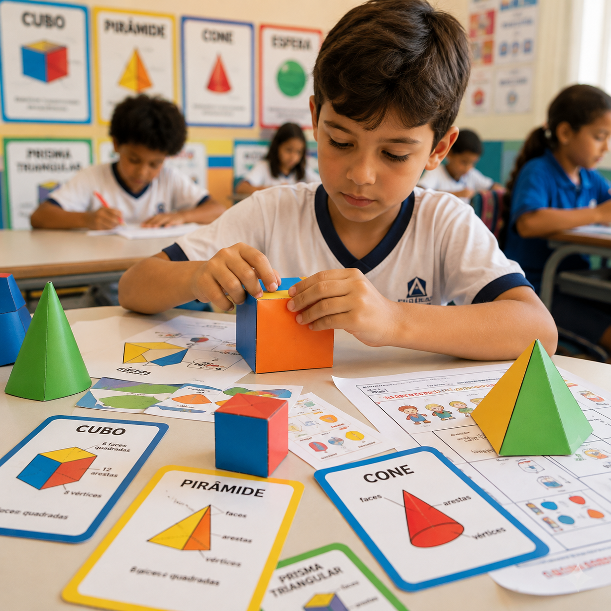 Crianças usando o kit de sólidos geométricos na sala de aula 3